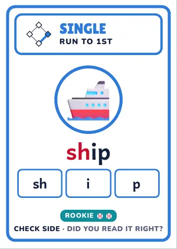 Run It Home Words printable baseball reading board game, word card for ship