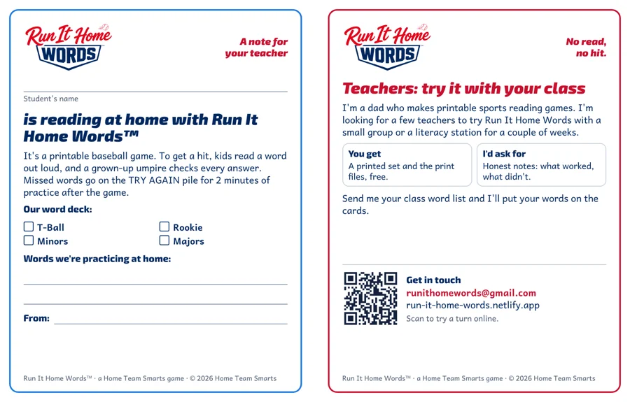 The teacher note: front with the student’s deck and practice words, back inviting the teacher to try the game