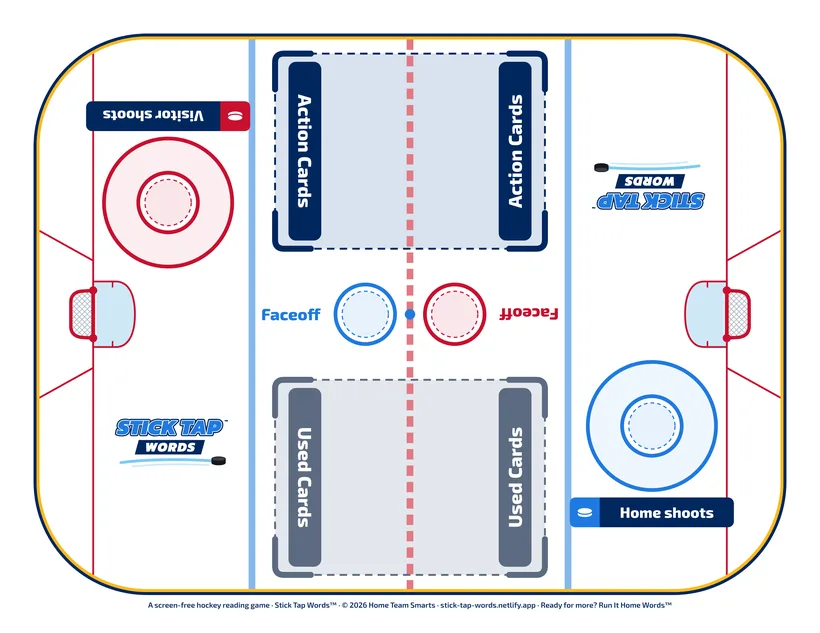Stick Tap Words printable hockey reading game rink board