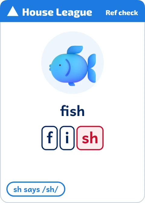 Stick Tap Words House League phonics word card for fish, Ref check side