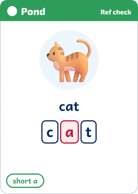Stick Tap Words Pond phonics word card for cat, Ref check side